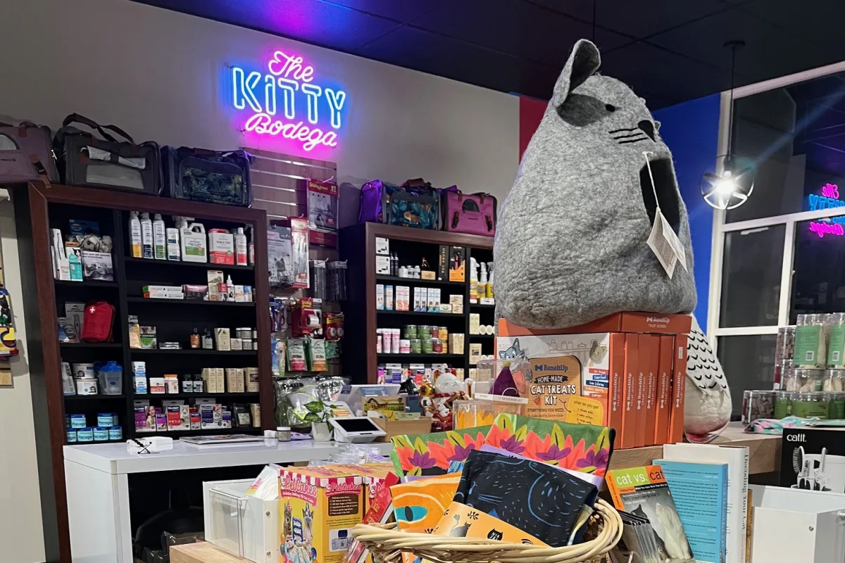 Inside the new Kitty Bodega store: the neon sign above shelves of cat supplies and a colorful display of toys and gifts.